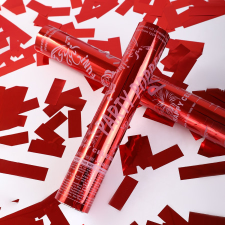 Tub de Confetii, Cyrax, Party Popper, 30x5 cm, Confetii Lucioase Rezistente la Foc, Eliberare prin Rasucire, Rosu