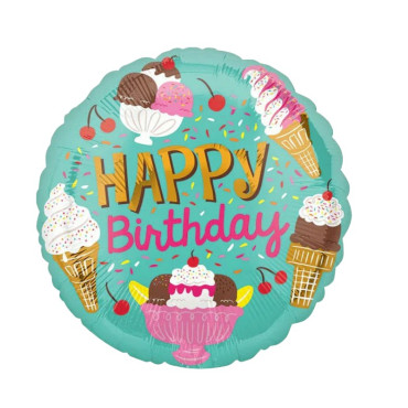 Balon din Folie Metalizata, Cyrax, Mini Figurina Rotunda, Model Inghetata, Happy Birthday, Tematica Aniversare, 45 cm, Ambalaj Individual, Pai Inclus, Umflare cu Aer sau Heliu, Verde