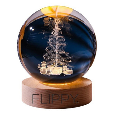 Lampa LED Decorativa,  cu Bila de Cristal cu Diametru 6cm, Model Brad de Craciun 3D, Alimentare USB, Suport din Lemn, Lumina Alb Cald