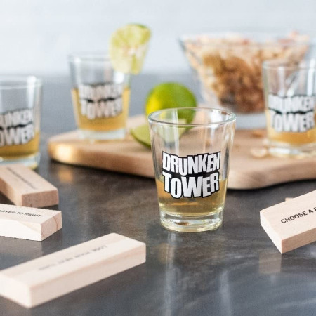 Joc de Baut Jenga Cyrax, Turnul Betivului din Lemn, Piese cu Provocari, Pahare de Shot din Sticla Incluse, 19 x 7 x 20 cm