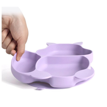 Set 10 piese diversificare bebelusi si copii din silicon Cyrax, baveta, farfurie compartimentata cu ventuza, bol cu ventuza, tacamuri din lemn si silicon, cana pentru gustari, fara alergeni, mov