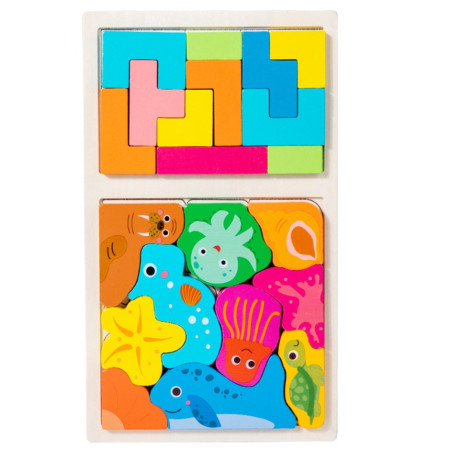 Puzzle Montessori din Lemn pentru Copii, Cyrax, Tip Tetris 2in1 +3 Ani, cu Animale Marine Colorate 3D, Educativ, Intuitiv, Creativ, 21 de Piese, 28.5x17x1.2 cm, Multicolor