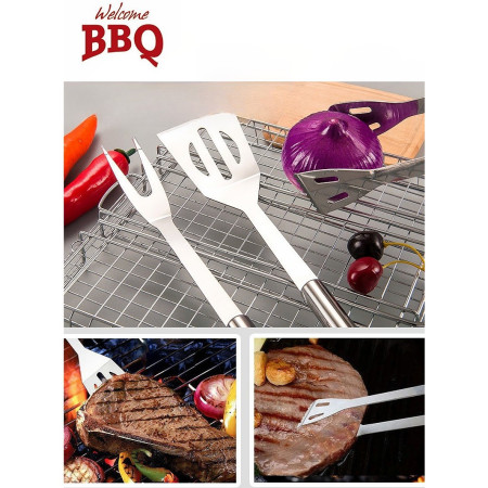 Set 16 Ustensile pentru Gratar, Cyrax, din Otel Inoxidabil, Geanta Oxford, Argintiu