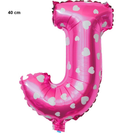 Balon Folie Metalizata Litera J, Cyrax, 40 cm, Cu Imprimeu Inimioare, Umflati cu Heliu sau Aer, Ambalaj Individual, Pai inclus, Roz