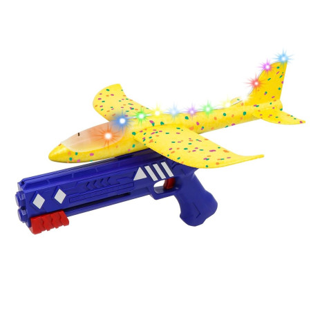Pistol cu Lansator de Avion, Cyrax, din Polistiren+Plastic, +3 Ani, Avion 38 cm, Lansare 10 m, cu Lumini si Roti, Galben/Albastru