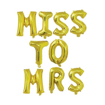 Set Baloane din Folie Metalizata, Cyrax, Model Scris Miss to Mrs, Litere de 40 cm, Tema Iubire, Baloane Party, Ambalaj Individual, Pai Inclus, Umflare cu Aer sau Heliu, Auriu