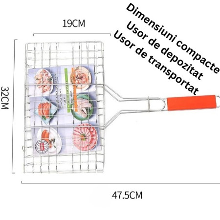 Gratar pentru Peste si Carne, Cyrax, Suprafata Utila 32x19 cm, Otel Inoxidabil, cu Maner, Portabil, Argintiu