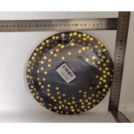 Set 10 Farfurii Unica Folosinta, Cyrax, Imprimeu cu Buline, din Carton, Diametru 23 cm, Negru/Auriu