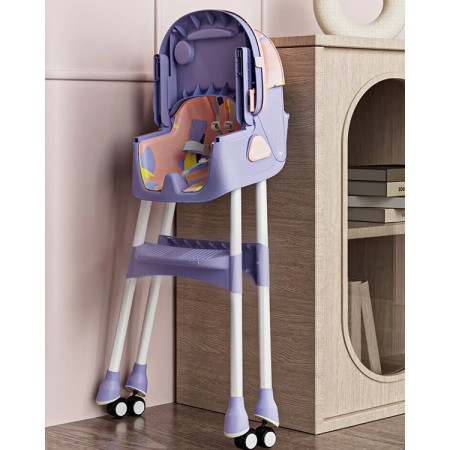 Scaun de Masa pe Roti pentru Copii, Cyrax, 2 Tavite si Husa Detasabile, Multifuncțional, Stabil, Centura de Siguranta, Spatar Reglabil Moale, Balansoar, Cos de Depozitare, de la 6 Luni, Mov