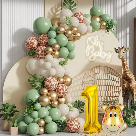 Set 30 Baloane Folie si Latex, Cyrax, Tematica Prima Aniversare, Baloane Latex 30cm, 25cm, Figurina Girafa 32x34 cm, Frunza Palmier 15 cm, Cifra 1 76 cm, Multicolor