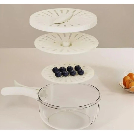 Strecuratoare 2 in 1 pentru Fructe si Legume, Cyrax, Cos de Scurgere si Cutie de Depozitare, 15.5 x 8.3 cm, din PP, cu Maner si Capac, Alb