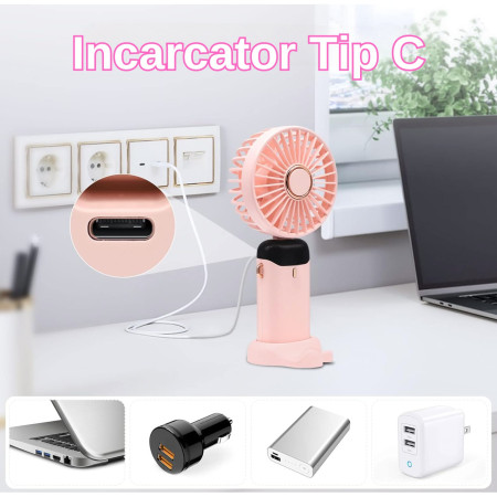 Ventilator Ultra Portabil cu Aromaterapie,  3 in 1, de Mana, de Birou, de Gat, 5 Trepte de Viteza, Incarcare USB, Autonomie 12h, Pliabil, cu Ecran LCD, Roz