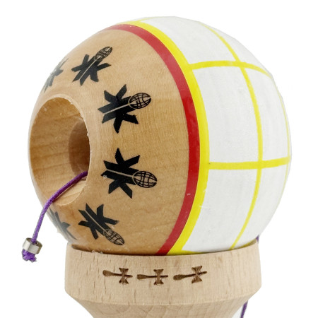 Kendama X Originala, Profesionala, Cyrax, Big Cups V2, Model Glob Super Sticky Legendary Cupe Mari, Rulment Metalic cu Ata 55 cm, Alb/Galben/Rosu