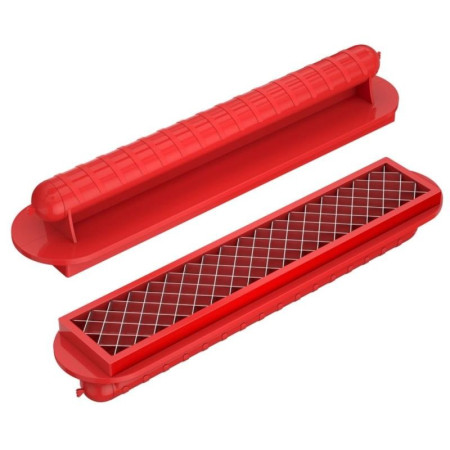 Feliator manual pentru hot-dog Cyrax, crestare carnati si hot-dog, manual, potrivit pentru gratar, 29.5 x 6.5 cm, din inox si ABS, rosu