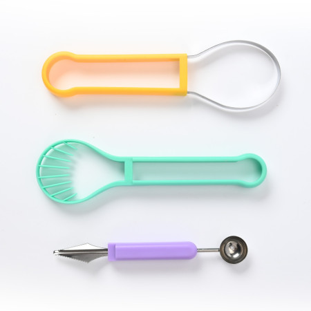 Ustensila bucatarie 4 in 1 pentru taiat si decorat fructe Cyrax, material inox si plastic, compact, 28x6.2 cm, multicolor