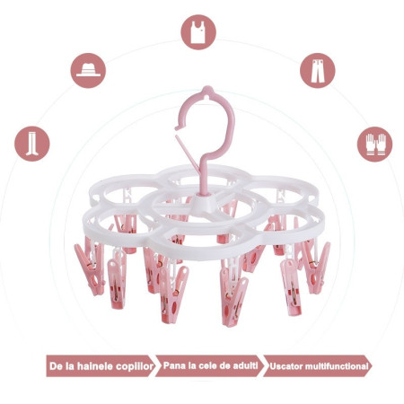 Uscator de Rufe Suspendat  cu 16 Carlige, Rotire 360 Grade, Mateiral Plastic, Usor de Depozitat, Multifunctional, 26 x 21 cm, Roz