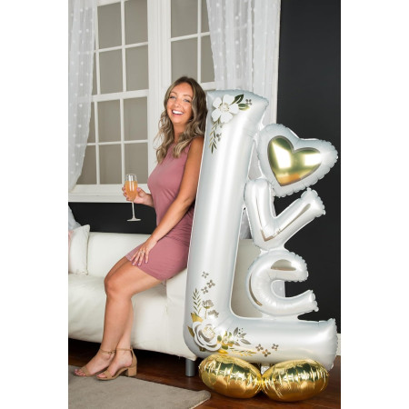 Balon din Folie Metalizata, Cyrax, Figurine, Model LOVE, Tematica Iubire, 110x64 cm, Ambalaj Individual, Pai Inclus, Umflare cu Aer sau Heliu, Alb