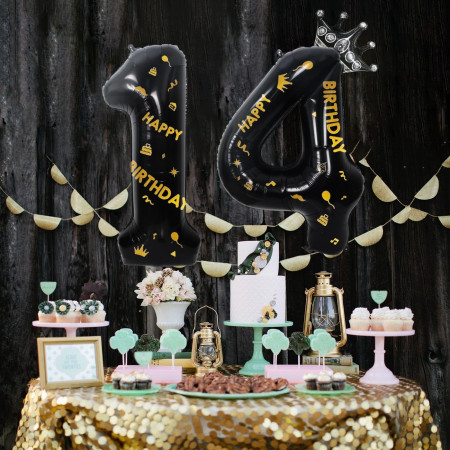 Balon din Folie Metalizata Cyrax, Figurina Cifra si Coroana, Scris Happy Birthday, Tema Aniversare 100 cm, Ambalaj Individual, Pai inclus, Umflare cu Aer sau Heliu, Negru, Cifra 4