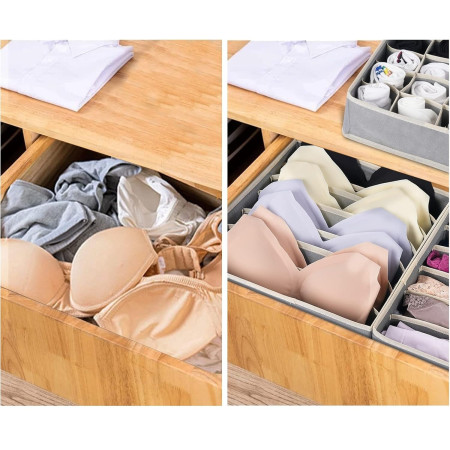 Cutie De Depozitare,  Pentru Lenjerie, Sosete Si Sutiene, Material Textil, 7 Compartimente, 32 x 32 x 10 cm, Culoare Gri