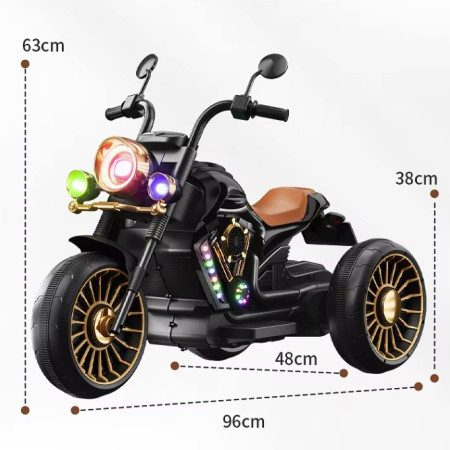 Tricicleta Electrica pentru Copii, Cyrax, cu 2 Acumulatoare 380*2, 6V 4.5, Telecomanda, Bluetooth, Sistem Anti-Rasturnare, Sistem de Lumini si Sunet, 6-8 Ani, 93 x 48 x 63 cm, Negru