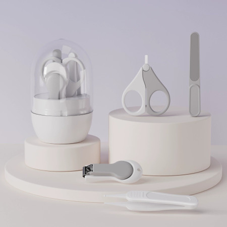 Set 4in1 de Ingrijire Unghii pentru Bebelusi, Cyrax, Cutie de Depozitare Tip Borcan, 0-6 Ani, 10 x 7 x 6 cm, Alb/Gri