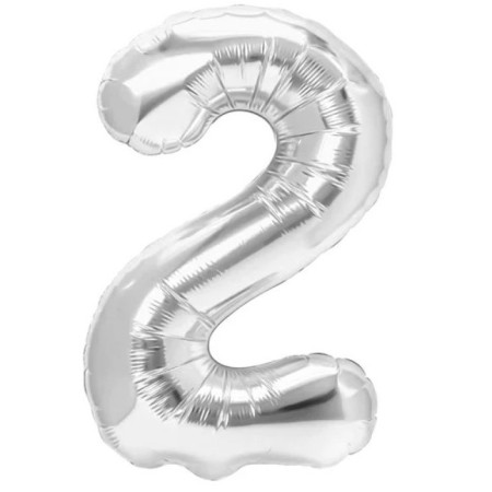 Balon din Folie Metalizata, Cyrax, Figurina Cifra, Tema Aniversare 100 cm, Ambalaj Individual, Pai inclus, Umflare cu Aer sau Heliu, Argintiu, Cifra 2