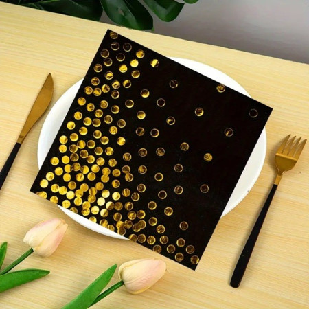 Set 20 de Servetele de Masa, Cyrax, Imprimeu cu Buline Aurii, din Hartie, 17 x 17 cm, Negru