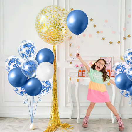 Set 16 Baloane din Latex Metalizate, Cyrax, Model Party, 30 cm, Alb, Albastru, Albastru Chrome, Transparent Confetti 2.8 g