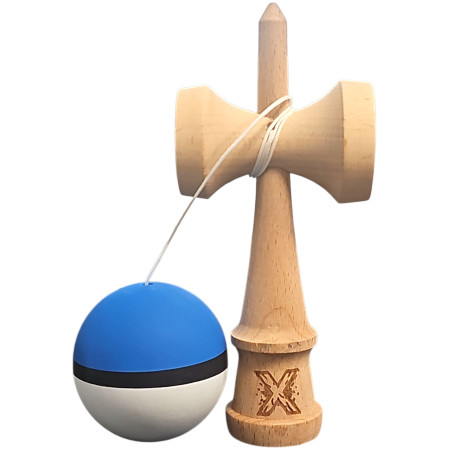 Kendama X Originala, Profesionala, Cyrax, din Lemn, 18 cm, Rubber Grip, Albastru/Negru/Alb