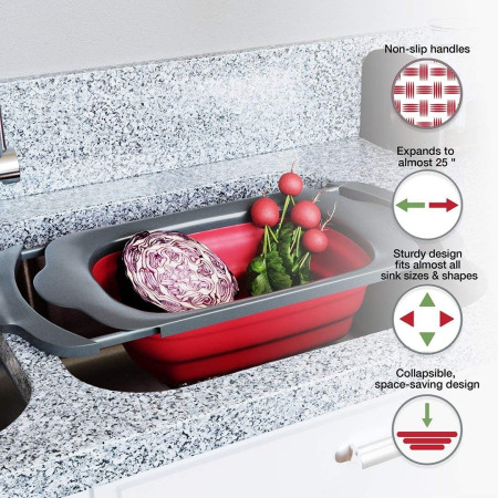 Cos de Scurgere Retractabil pentru Chiuveta, Cyrax, cu Filtru, pentru Fructe si Legume, de Uz Casnic, 39x12 cm, Design Extensibil pana la 61 cm, cu Manere de Prindere, Rosu