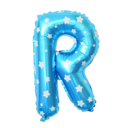 Balon Folie Metalizata Litera R, Cyrax, 40 cm, Cu Imprimeu Stelute, Umflati cu Heliu sau Aer, Ambalaj Individual, Pai inclus, Albastru