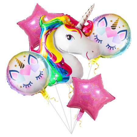 Balon din Folie Metalizata, Cyrax, Mini Figurina Rotunda, Model Unicorn, Happy Birthday, Tematica Aniversare, 45 cm, Ambalaj Individual, Pai Inclus, Umflare cu Aer sau Heliu, Multicolor