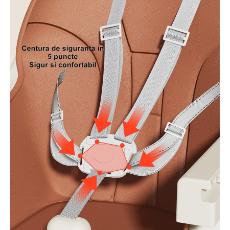 Scaun de masa pentru bebelusi si copii Cyrax, cu roti, telescopic, pliabil, masuta reglabila, suport picioare, scaun invelis piele artificiala, centura siguranta, spatiu depozitare, 97 x 73 x 65 cm, maro