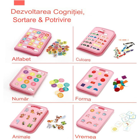 Carte Senzoriala Educativa Montessori, Cyrax, Dezvoltare Abilitati Motorii, 5 Pagini, Model Unicorni, 28x22x7 cm, Roz