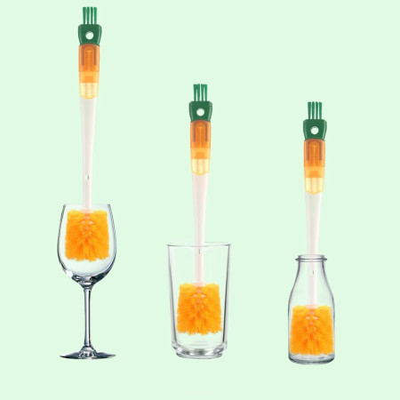 Perie 5 in 1 de Curatat Pahare, Cani, Sticle, Cyrax, cu Maner Lung, Accesorii pentru Spalarea Paielor si Capacelor, Usor de Agatat, 36x7x7cm, Portocaliu-Alb