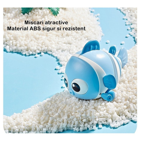 Jucarie mecanica pentru copii Cyrax, pestisor haios, cu cheita, distractiv, se taraste, se misca, 11 x 9 x 7.5 cm cm, albastru