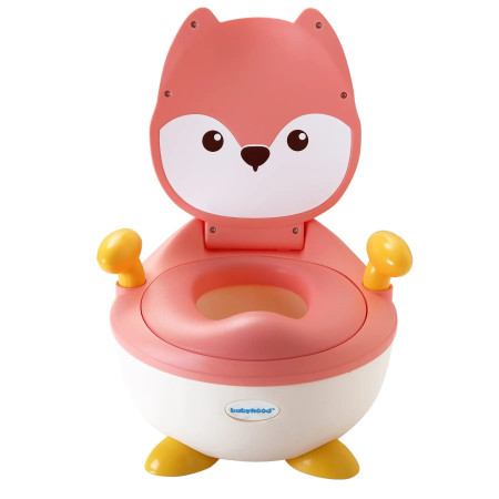 Olita pentru Copii, Cyrax, +6 luni, Compartiment Detasabil, cu Capac, Antiderapanta, din Plastic, Colac Moale, Model Animat Vulpe, cu Maner, 34.5 x 35 x 23 cm, Roz/Alb