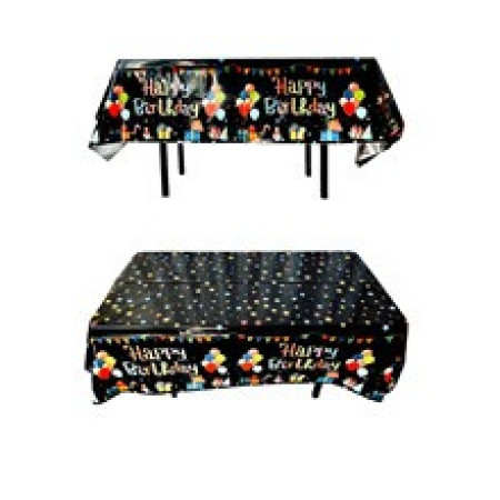 Fata de Masa, Cyrax, din Folie, Imprimeu Happy Birthday cu Baloane, 137 x 183 cm, Negru
