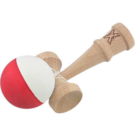 Kendama X Originala, Profesionala, Cyrax, din Lemn, Rubber Grip, 18 cm, Alb/Rosu