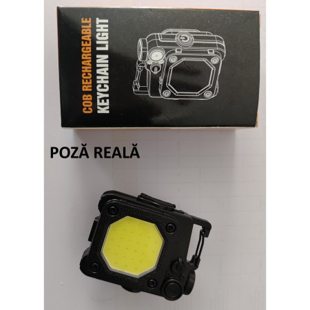 Lanterna Mini de Buzunar Tip Breloc,  Incarcare prin USB Type C, Multifunctionala, pentru Exterior, Camping, Alpinism, Ciclism, Mini Lanterna Elvis, 6.1 x 5 x 2.5 cm, Lumina Puternica, Culoare Negru