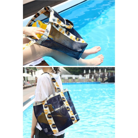 Geanta de Plaja, Cyrax, din Plasa Transparenta, Imprimeu Oops, 43 x 10 x 33 cm, Model pentru Umar, Lungime Inferioara 33 cm, Negru