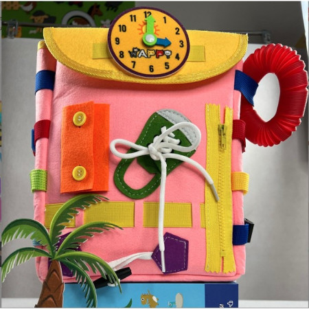 Ghiozdan Montessori, Cyrax, pentru Copii 2-6 ani, Fidget Pop, cu Catarame si Fermoare, Jucarii Senzoriale, Activitate de Invatare prin Joc, Roz, 0.25 kg, 28x10x23 cm