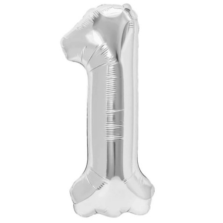 Balon din Folie Metalizata, Cyrax, Figurina Cifra, Tema Aniversare 100 cm, Ambalaj Individual, Pai inclus, Umflare cu Aer sau Heliu, Argintiu, Cifra 1