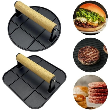 Presa Manuala pentru Carne, Cyrax, din Aliaj de Aluminiu, Maner din Lemn, Presa pentru Burgeri, Usor de Curatat si Folosit, Rotunda, 16x16x6 cm, Neagra