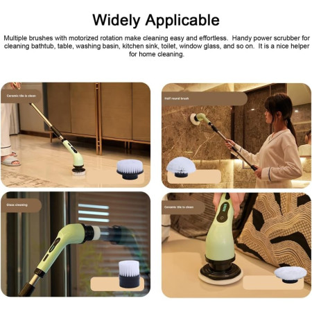 Perie Electrica de Curatare,  pentru Gresie, Baie, Bucatarie, 25x20x9.5 cm, cu 9 Capete, Maner Extensibil Detasabil 84-127cm, Incarcare USB-Type C, Rotire 360 de Grade, 3000 mAh, Culoare: Verde