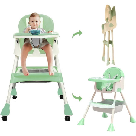 Scaun de Masa 2in1, Cyrax, pentru Copii de la 6 luni - 5 Ani, Inaltime Reglabila, Centura in 5 Puncte, Tava de Masa, Roti cu Frana, Cos Depozitare, Jucarie Inclusa, 94 x 78 x 60 cm, Verde