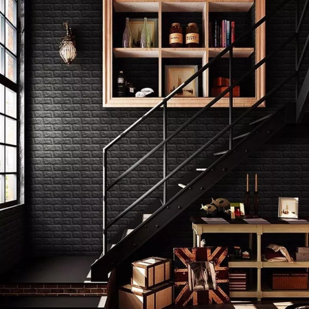 Set 10 Placi Tapet 3D,  70 x 77 cm, Grosime 3 mm, din Polietilena, Model Caramida, Suprafata acoperita 5.3 mp, Negru