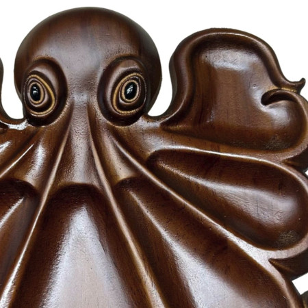 Platou pentru Servire, Cyrax, in Forma de Caracatita, 8 Compartimente pentru Mezeluri Branzeturi Snacksuri, Design Artistic, din Lemn Masiv, 26 x 25 x 3 cm, Maro inchis