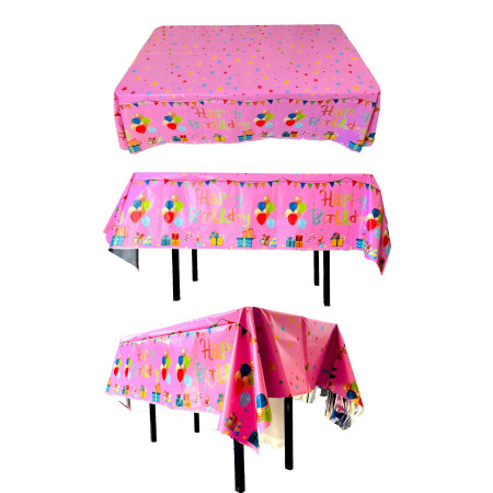 Fata de Masa, Cyrax, din Folie, Imprimeu Happy Birthday cu Baloane, 137 x 183 cm, Roz