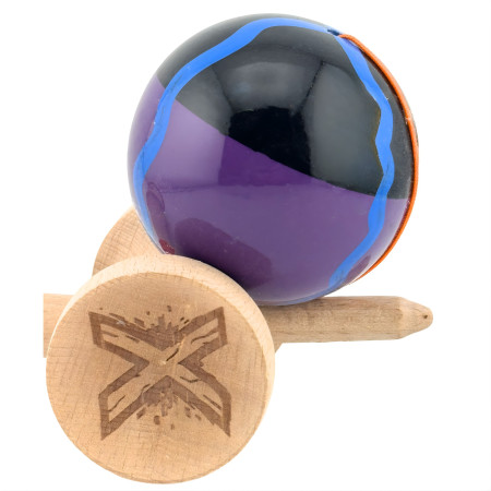 Kendama X Originala, Profesionala, Cyrax, Big Cups V2, Super Sticky Cupe Mari, Rulment Metalic cu Ata 55 cm, Negru Mov cu Linii